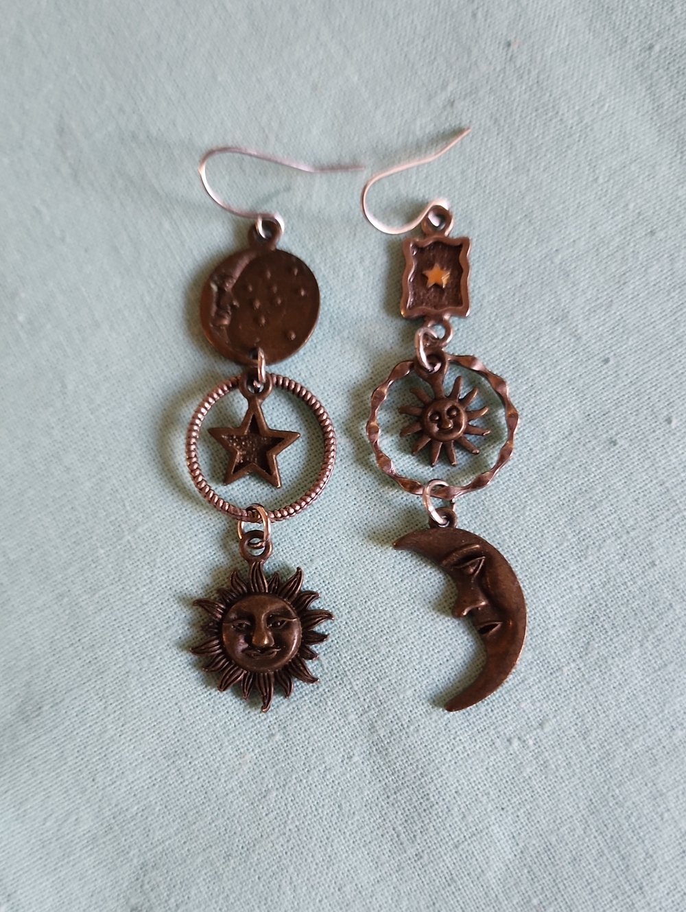 Celestial Sun and Moon Dangle Earrings - Bronze Tone